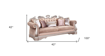42" Rosegold Velvet Sofa And Toss Pillows With Silver Legs