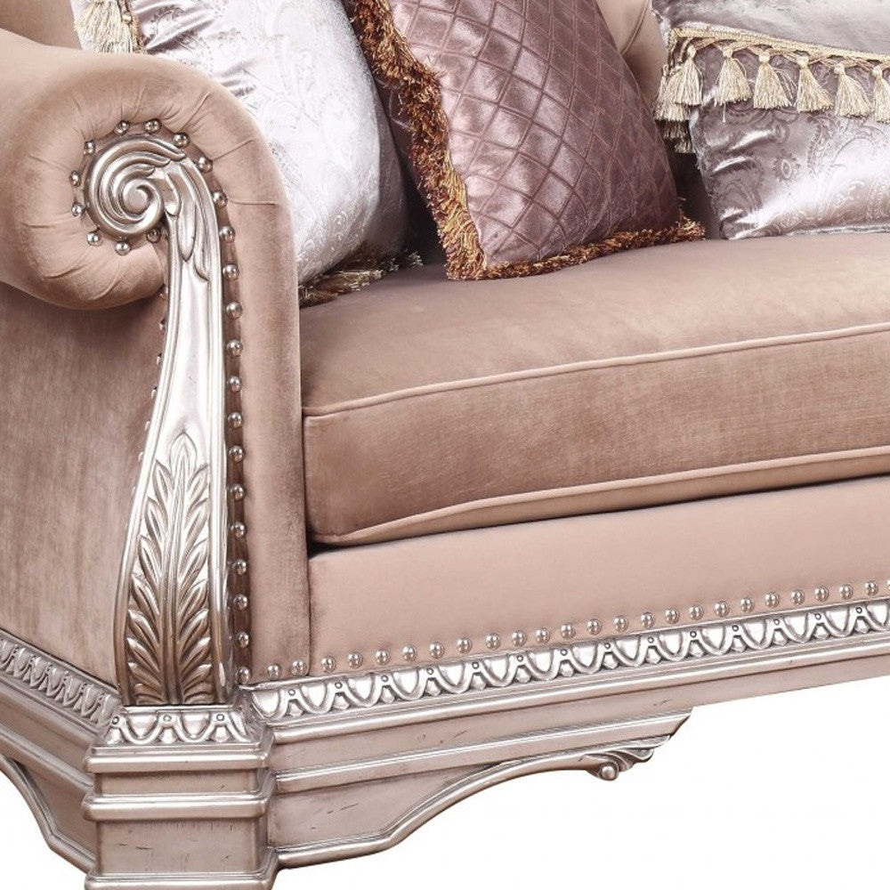 42" Rosegold Velvet Sofa And Toss Pillows With Silver Legs