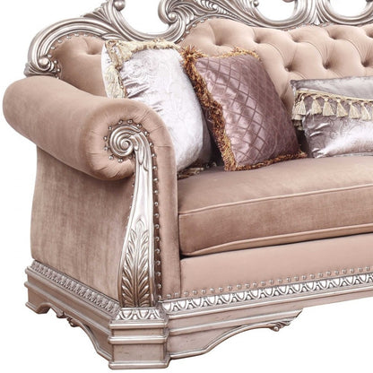 42" Rosegold Velvet Sofa And Toss Pillows With Silver Legs