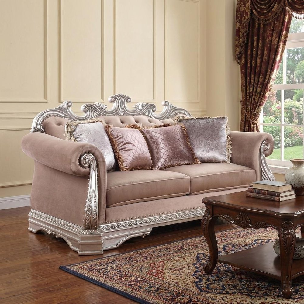 80" Champagne Velour Loveseat and Toss Pillows