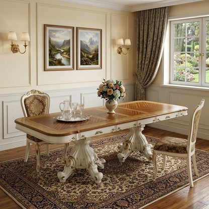 49" Brown And White Solid Wood Double Pedestal Base Dining Table