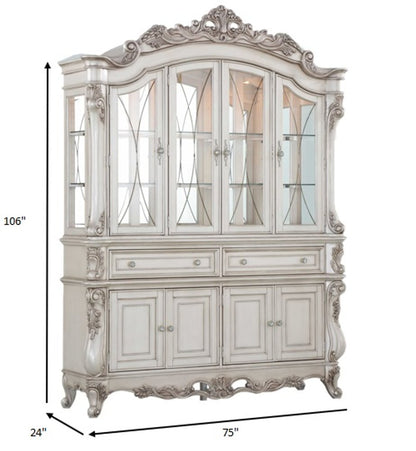 24" X 75" X 106" Antique White Wood Glass Mirror Hutch  Buffet