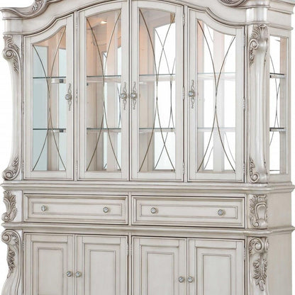 24" X 75" X 106" Antique White Wood Glass Mirror Hutch  Buffet