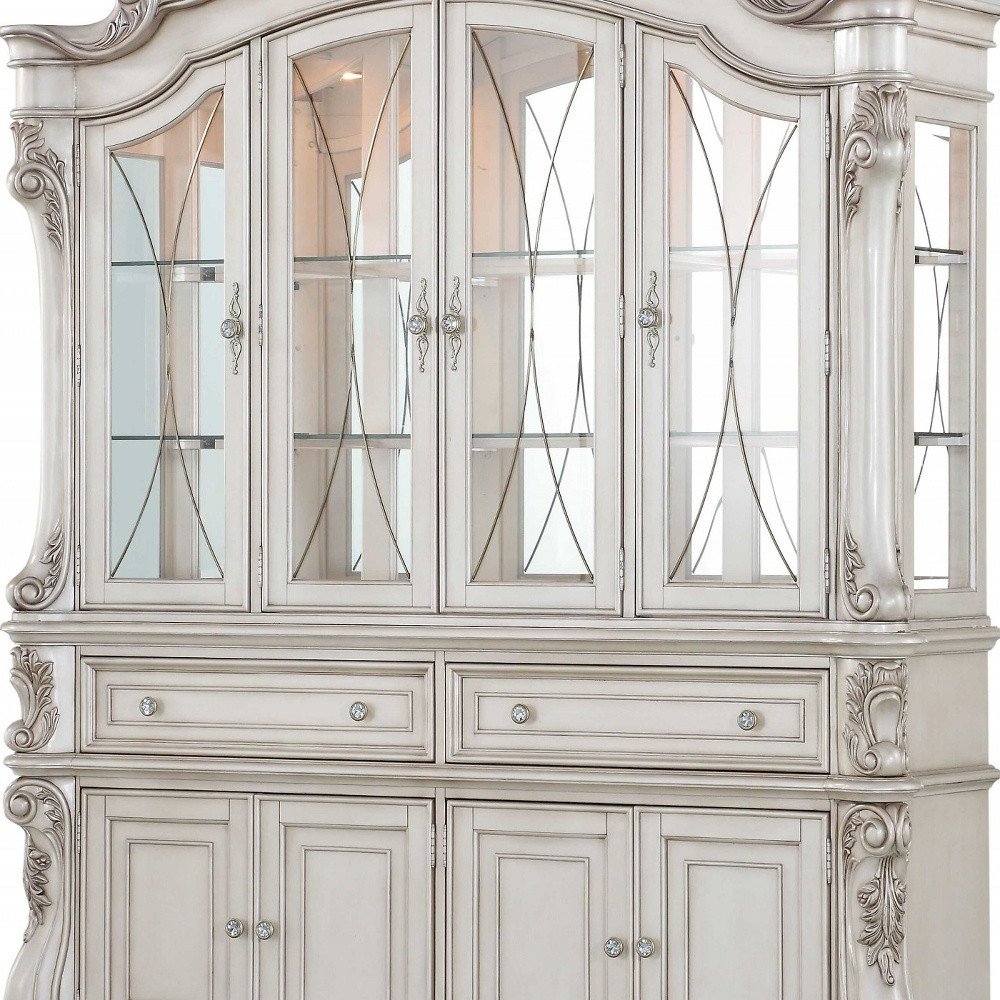 24" X 75" X 106" Antique White Wood Glass Mirror Hutch  Buffet