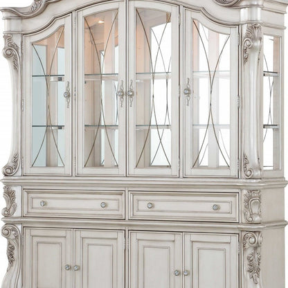 24" X 75" X 106" Antique White Wood Glass Mirror Hutch  Buffet