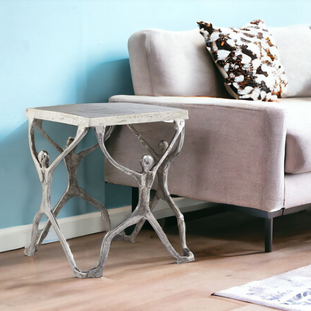 18" Silver And Antiqued White Aluminum Square End Table