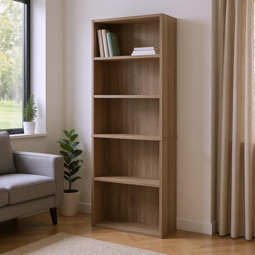 71" Taupe Distressed Wood Adjustable Five Tier Bookcase