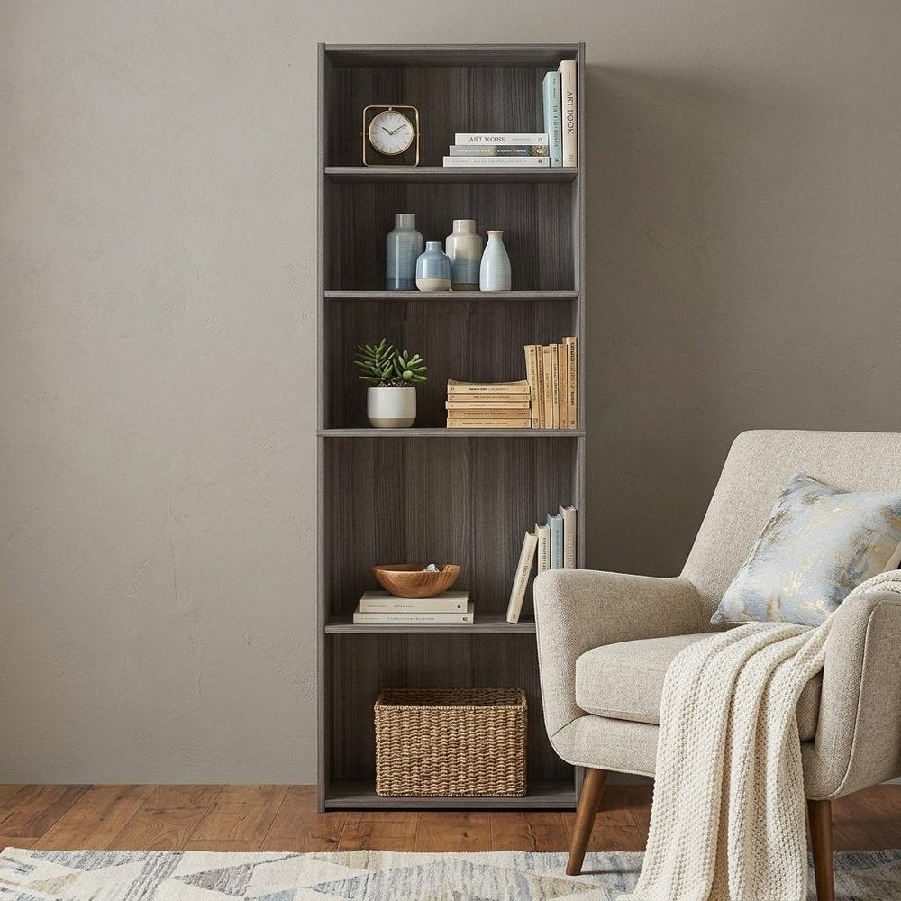 71" Gray Wood Adjustable Five Tier Bookcase