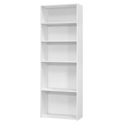 71" White Wood Adjustable Five Tier Bookcase