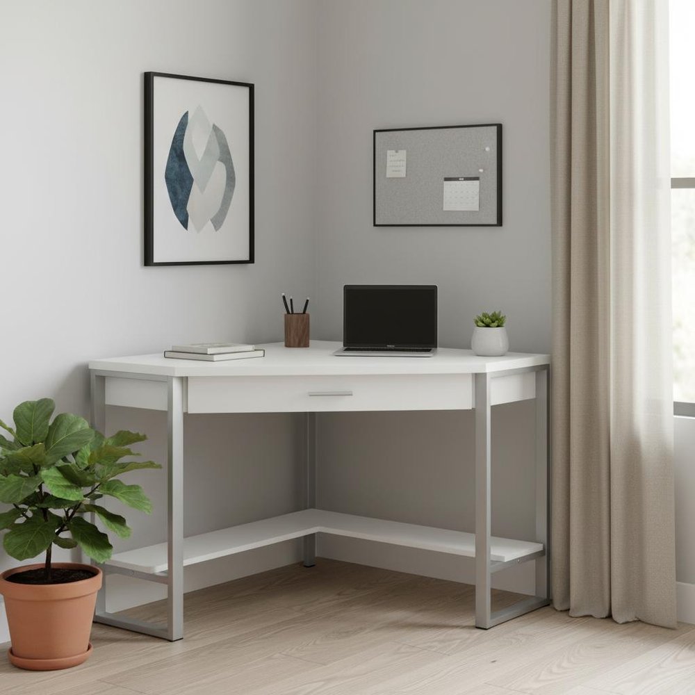 42" White and Silver Corner Computer Desk
