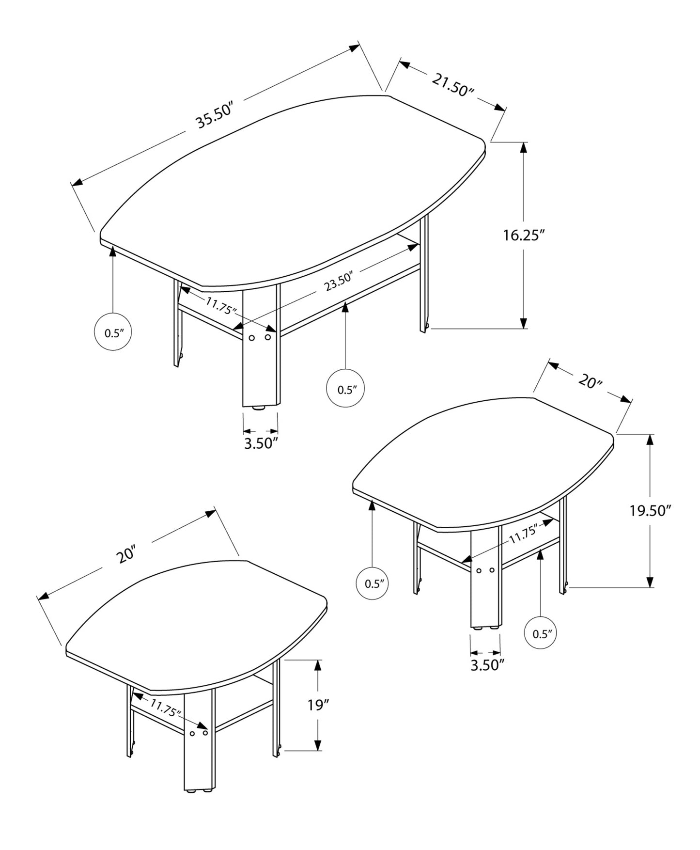 Set of Three 36" Dark Brown Coffee Table With Shelf