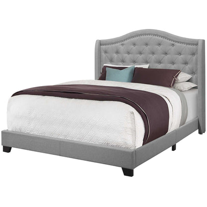 Solid Wood Queen Tufted Gray Upholstered Linen Bed With Nailhead Trim