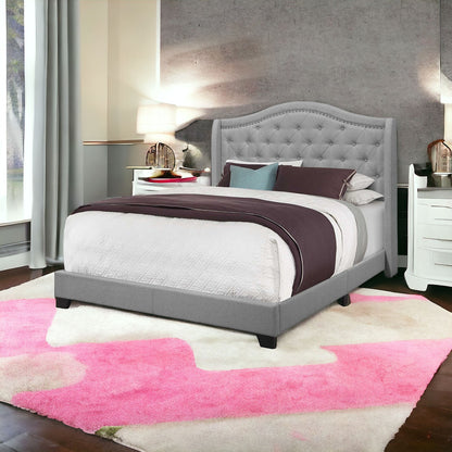 Solid Wood Queen Tufted Gray Upholstered Linen Bed With Nailhead Trim