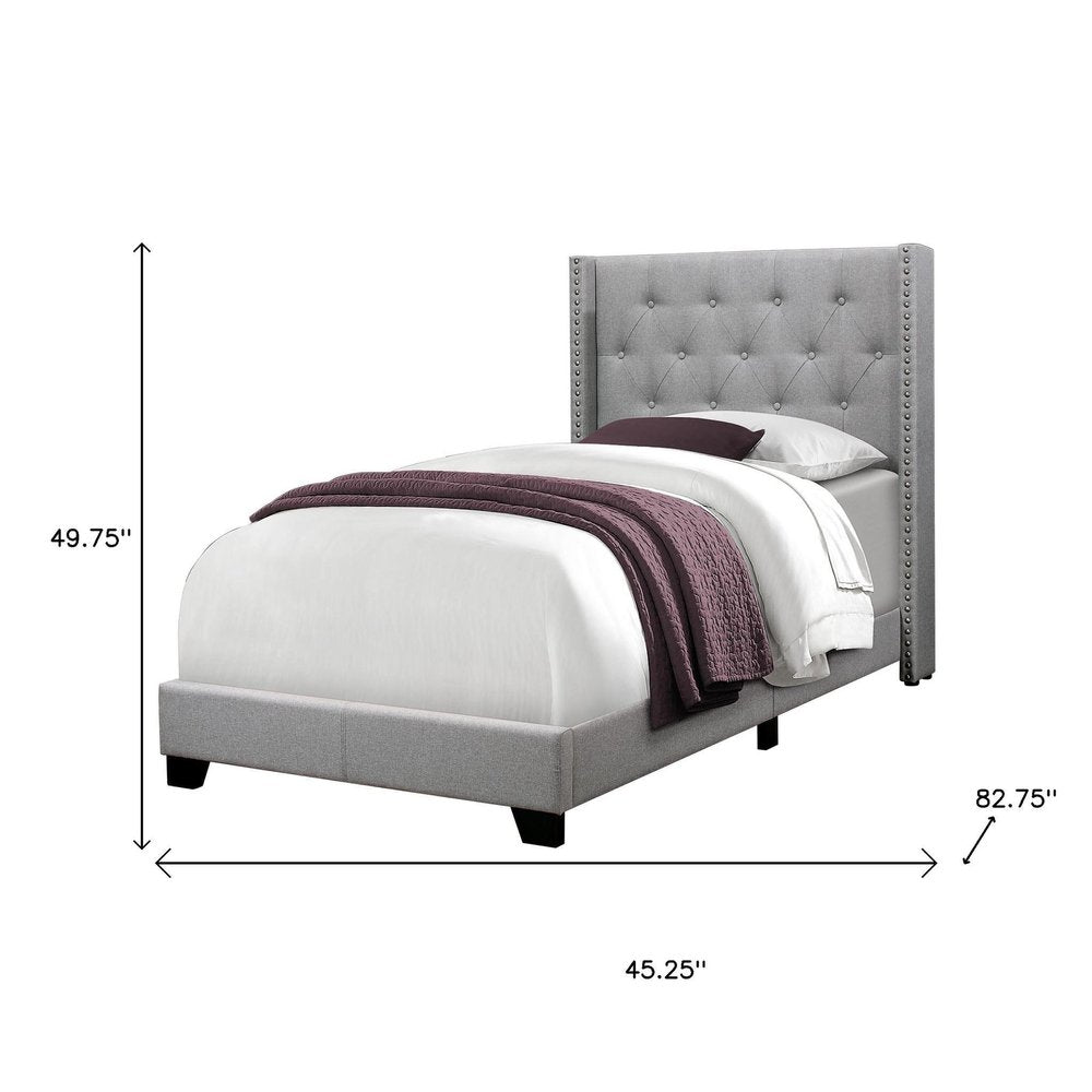 Gray Solid Wood Twin Tufted Upholstered Linen Bed Frame with Nailhead Trim