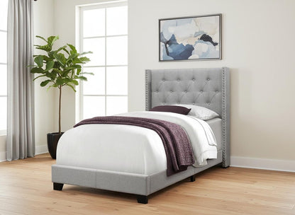 Gray Solid Wood Twin Tufted Upholstered Linen Bed Frame with Nailhead Trim