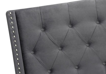 Solid Wood Queen Tufted Gray Upholstered Velvet Bed With Nailhead Trim