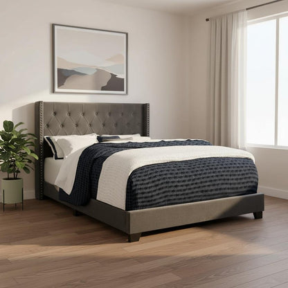 Solid Wood Queen Tufted Gray Upholstered Velvet Bed With Nailhead Trim