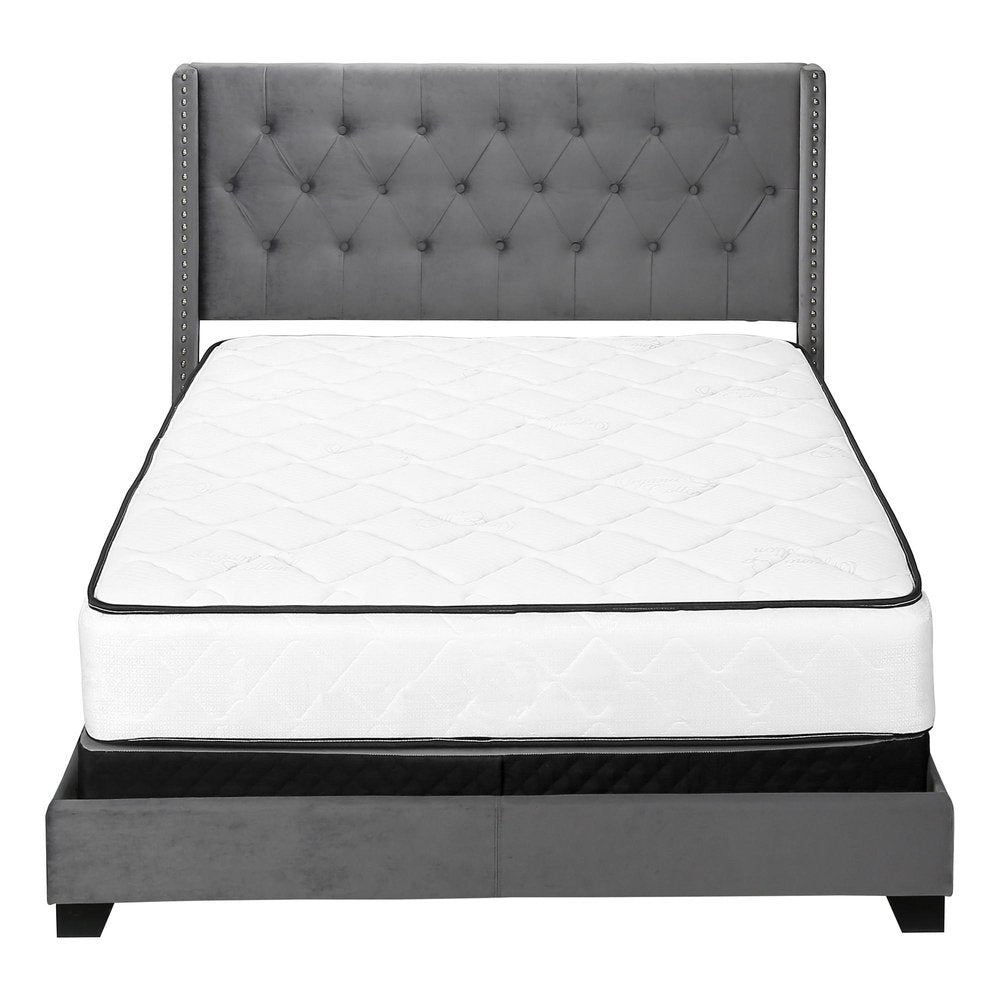 Solid Wood Queen Tufted Gray Upholstered Velvet Bed With Nailhead Trim