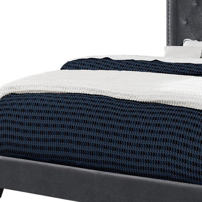 Solid Wood Queen Tufted Gray Upholstered Velvet Bed With Nailhead Trim