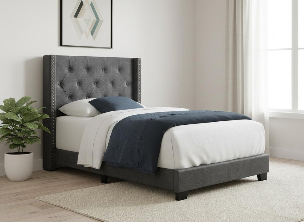 45.25" X 82.75" X 49.75" Dark Grey Velvet With Chrome Trim - Twin Size Bed