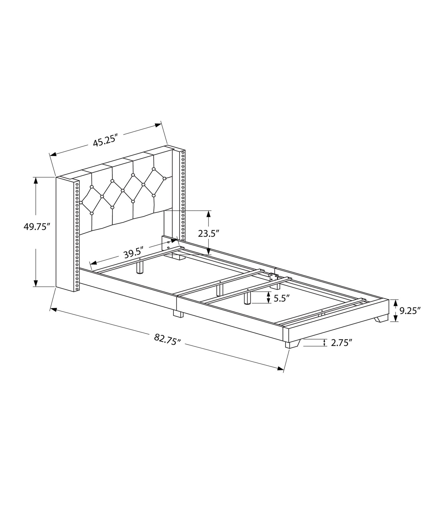 45.25" X 82.75" X 49.75" Dark Grey Velvet With Chrome Trim - Twin Size Bed