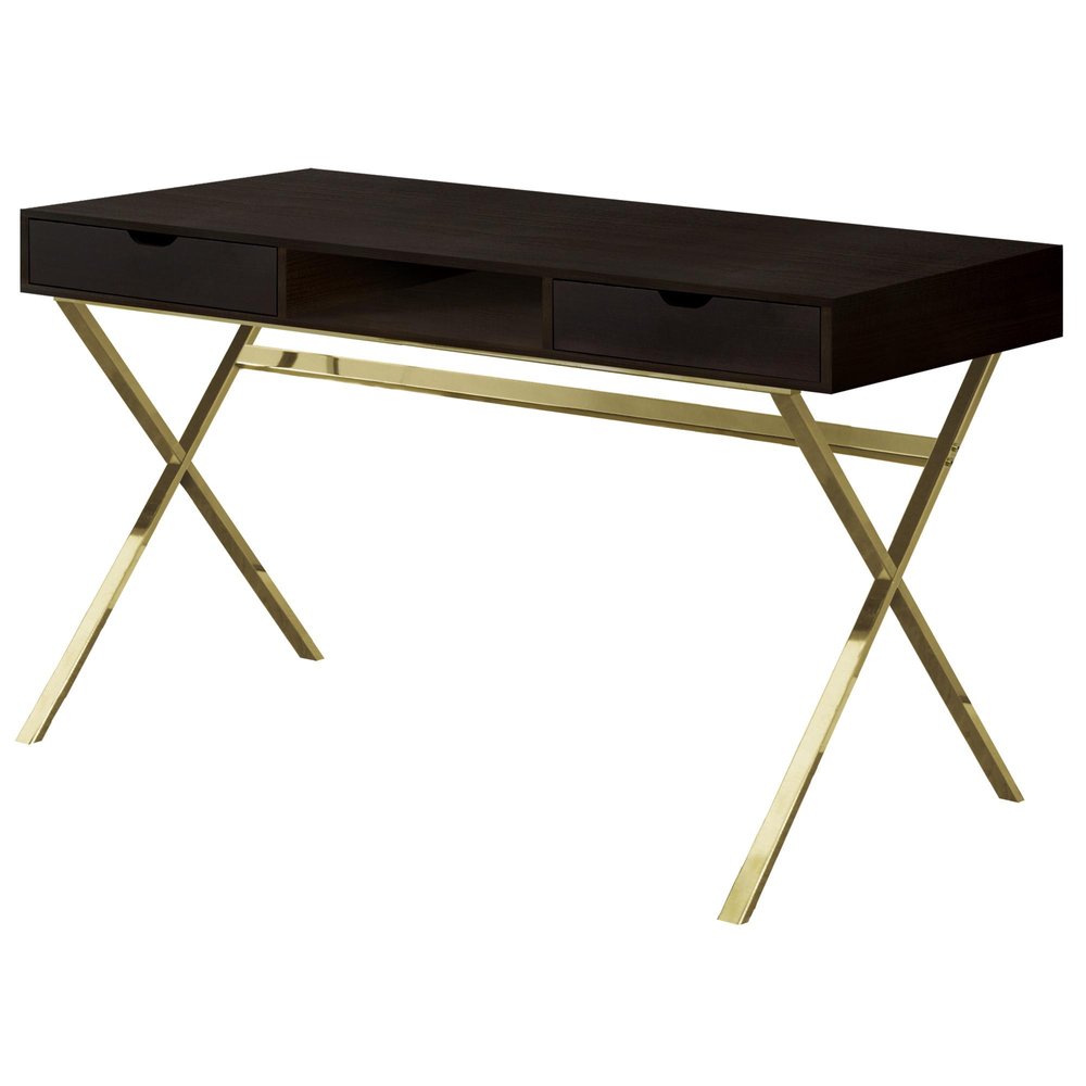 47" Dark Brown and Gold Computer Desk With Two Drawers