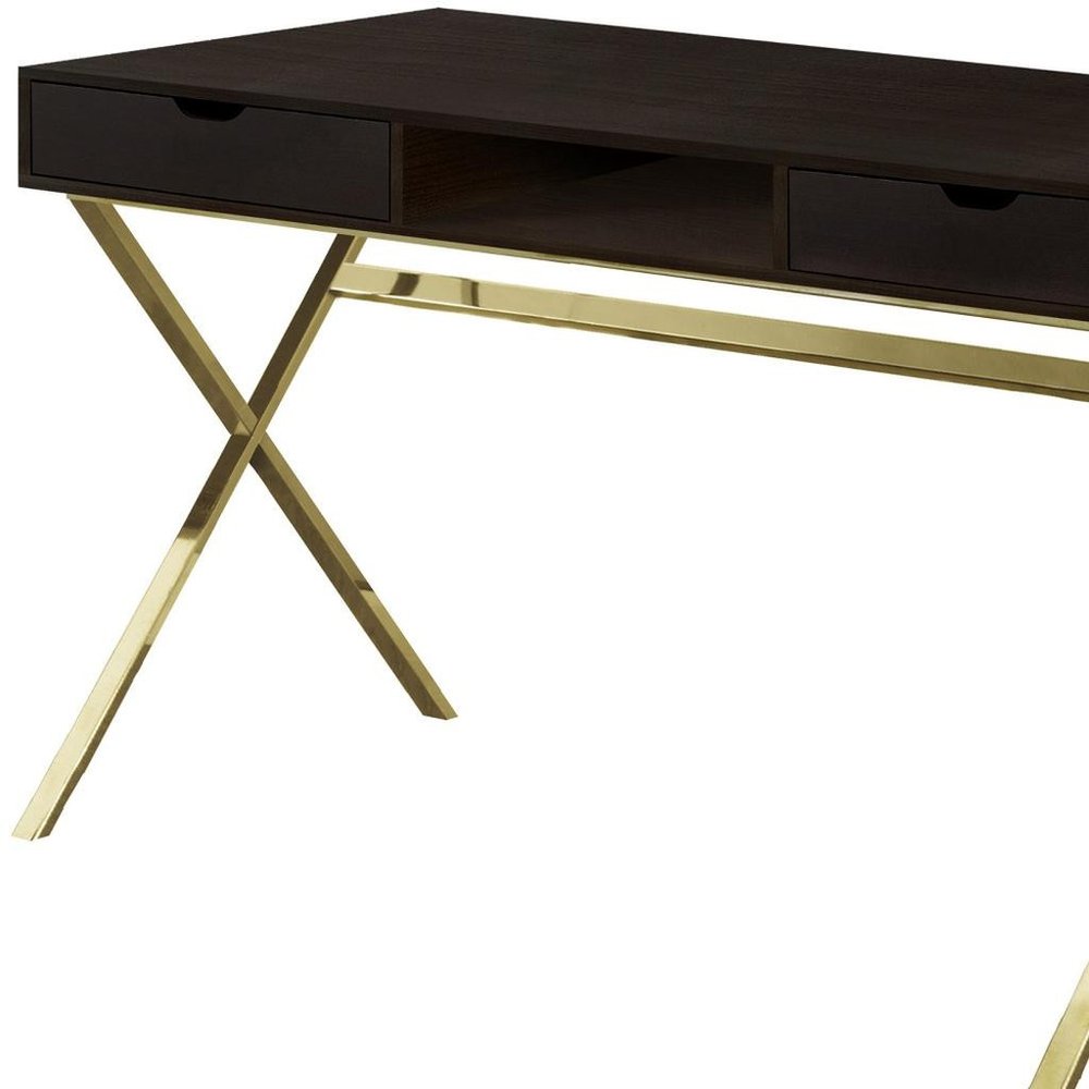 47" Dark Brown and Gold Computer Desk With Two Drawers
