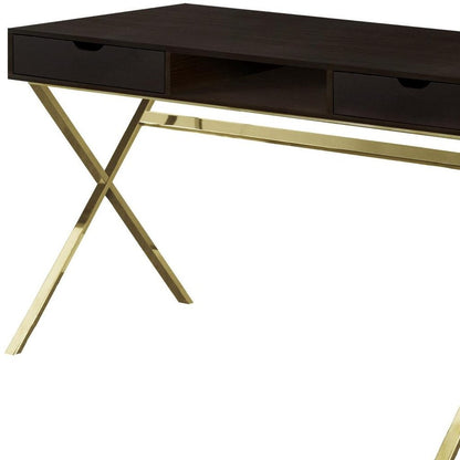 24" Dark Brown and Gold Computer Desk With Two Drawers
