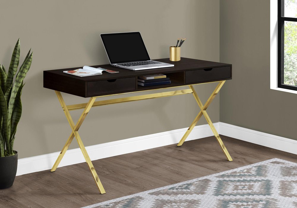 47" Dark Brown and Gold Computer Desk With Two Drawers