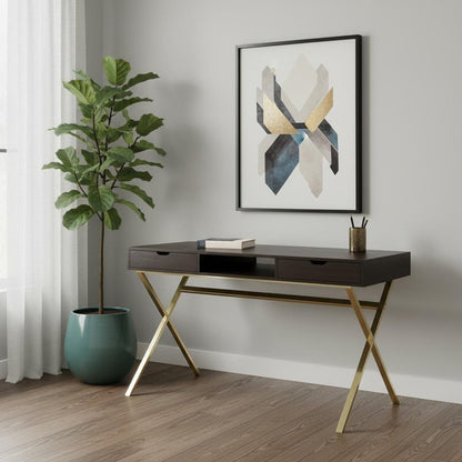 24" Dark Brown and Gold Computer Desk With Two Drawers