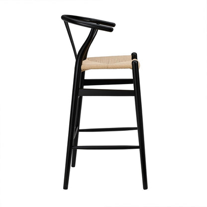 30" Natural And Black Rush And Solid Wood Low Back Counter Height Bar Chair