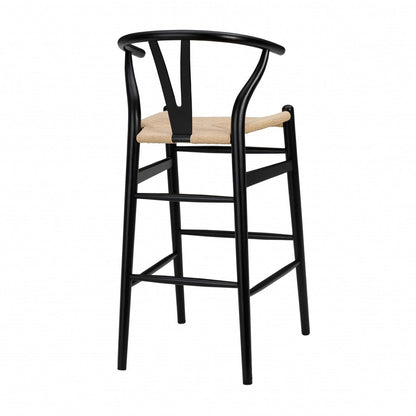30" Natural And Black Rush And Solid Wood Low Back Counter Height Bar Chair