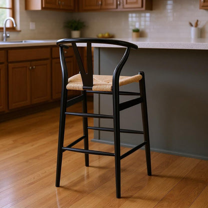 30" Natural And Black Rush And Solid Wood Low Back Counter Height Bar Chair