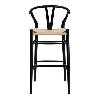 30" Natural And Black Rush And Solid Wood Low Back Counter Height Bar Chair