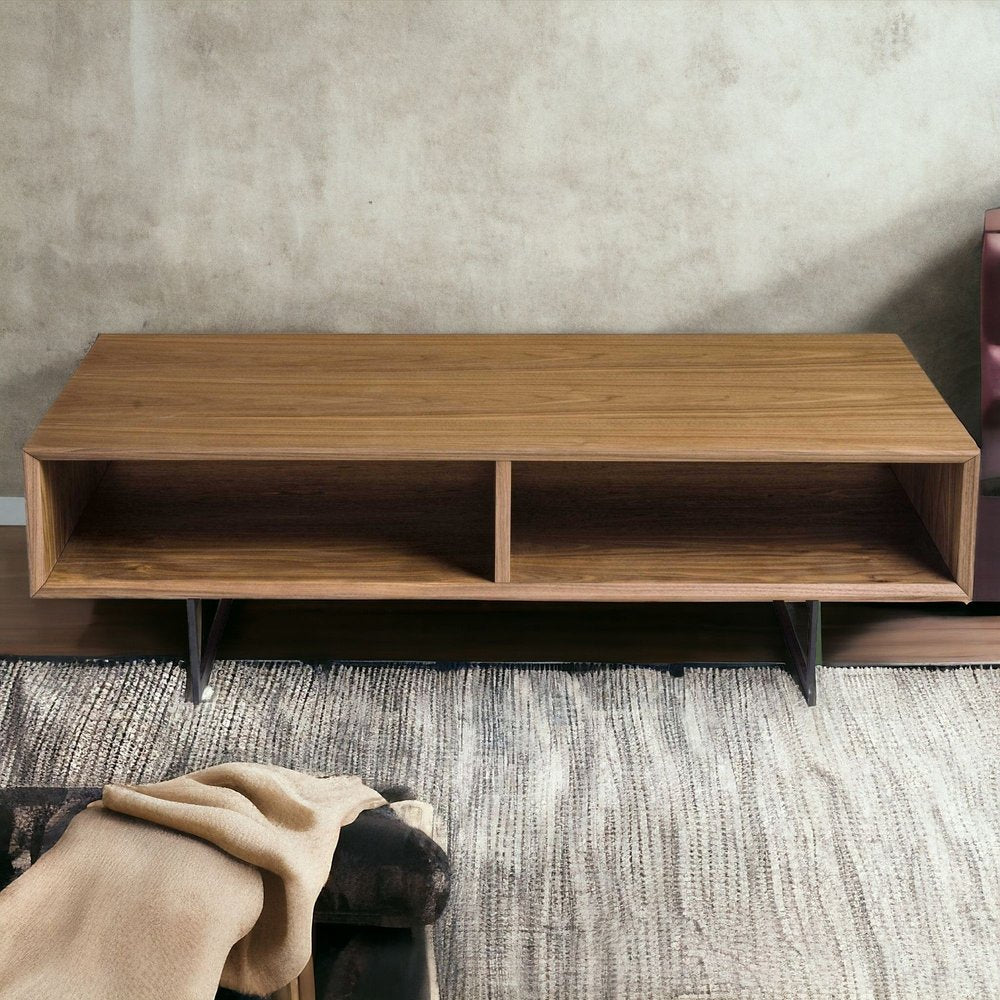 47" Brown and Black Wood And Metal Sled Coffee Table With Two Shelves