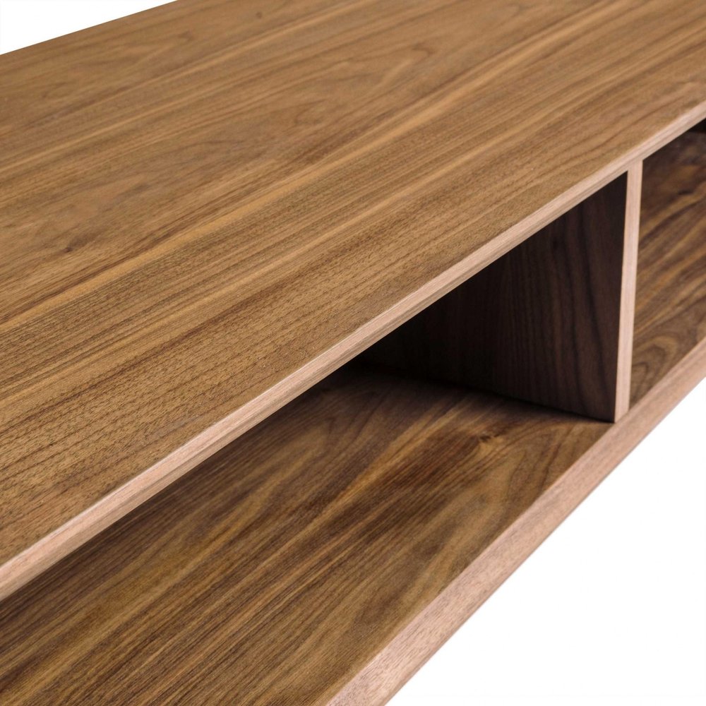 47" Brown and Black Wood And Metal Sled Coffee Table With Two Shelves
