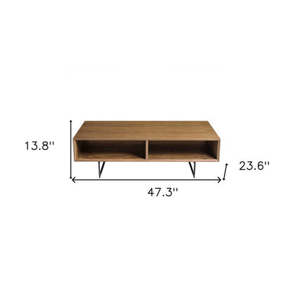47" Brown and Black Wood And Metal Sled Coffee Table With Two Shelves