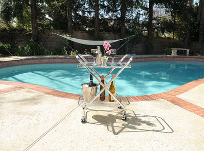 26" Silver Metal and Glass Rolling Bar Cart