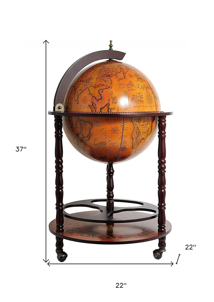 22" Brown Solid Wood Round Rolling Bar Cart