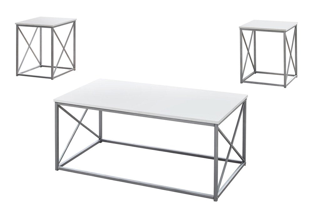 Set of Three 42" White And Silver Metal Coffee Table