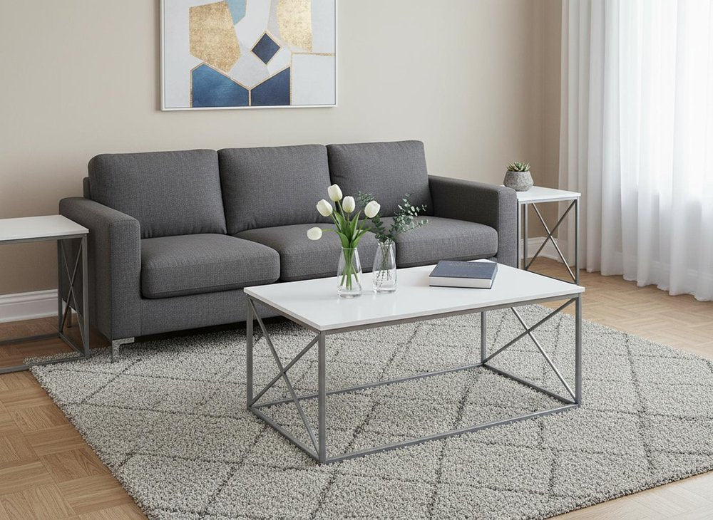 Set of Three 42" White And Silver Metal Coffee Table