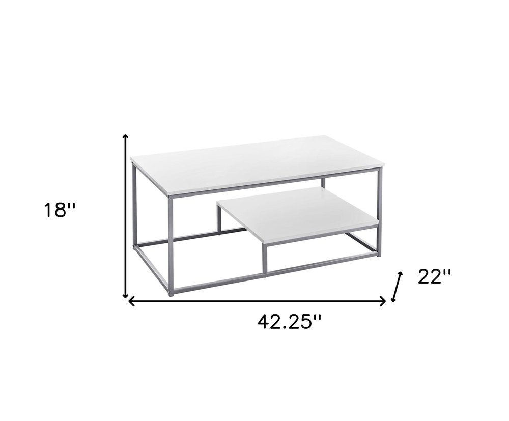 Set of Three 42" White And Silver Metal Coffee Table With Shelf
