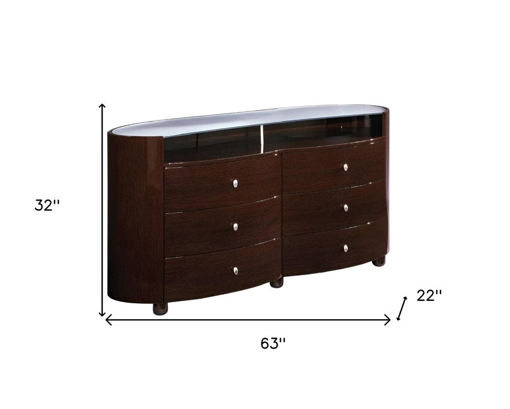 63" Brown Wood Six Drawer Double Dresser