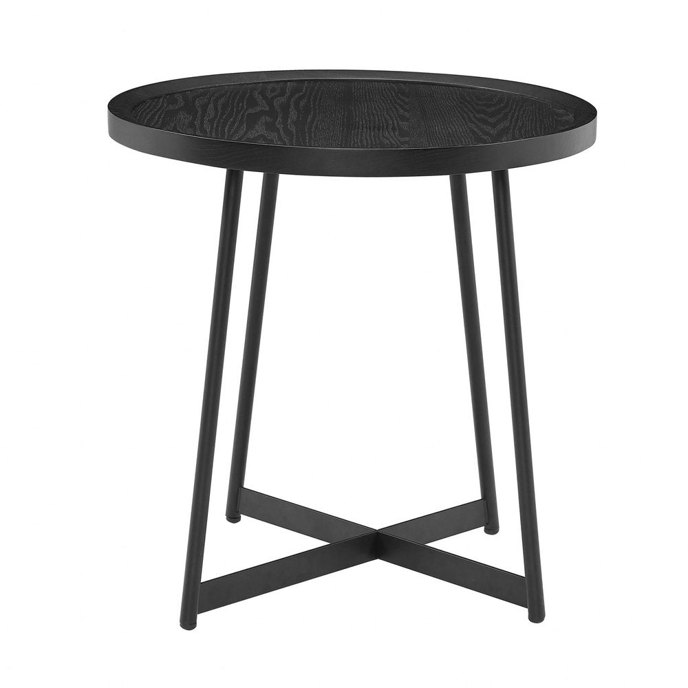 22" Matte Black Wood and Steel Round Cross Legs End Table
