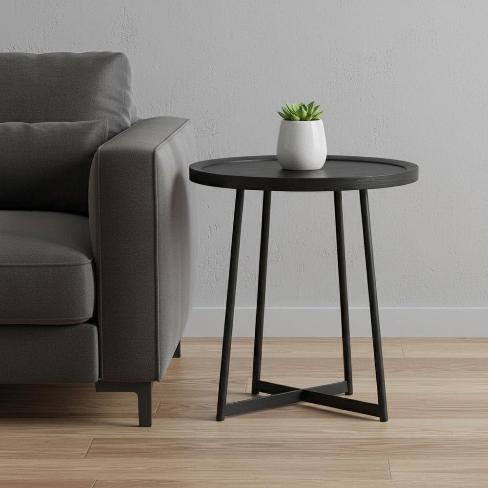 22" Matte Black Wood and Steel Round Cross Legs End Table