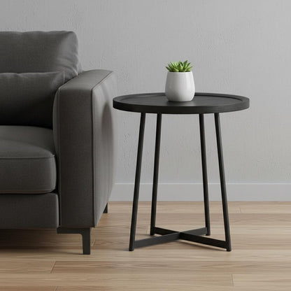 22" Matte Black Wood and Steel Round Cross Legs End Table