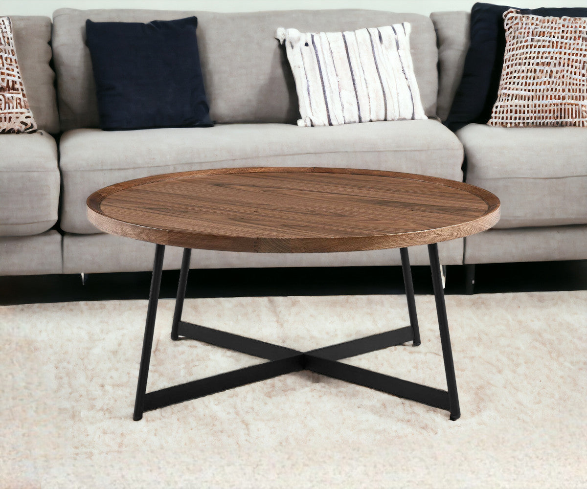 35" Black And Walnut Manufactured Wood Round Coffee Table