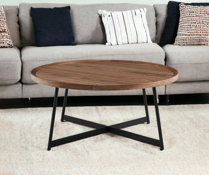 35" Brown and Black Wood And Metal Round Frame Coffee Table