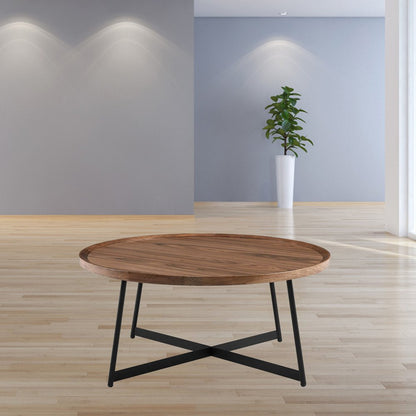 35" Brown and Black Wood And Metal Round Frame Coffee Table