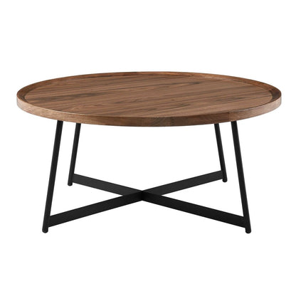 35" Brown and Black Wood And Metal Round Frame Coffee Table